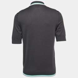 Hermes Grey Cotton Knit Stripe Detail Polo T-Shirt L