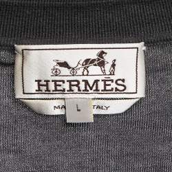 Hermes Grey Cotton Knit Stripe Detail Polo T-Shirt L