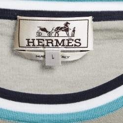 Hermes Grey Cotton Knit Stripe Detail Round Neck T-Shirt L