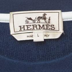 Hermes Navy Blue Cotton Striped Detail Crew Neck T-Shirt L