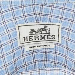 Hermes Blue Checked Cotton Button Down Full Sleeve Shirt L 