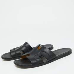 Hermes Black Leather Pique Izmir Flat Slides Size 42.5