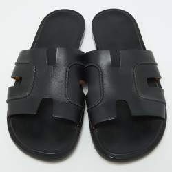 Hermes Black Leather Pique Izmir Flat Slides Size 42.5
