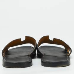 Hermes Black Leather Pique Izmir Flat Slides Size 42.5