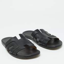 Hermes Black Leather Pique Izmir Flat Slides Size 42.5
