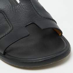 Hermes Black Leather Pique Izmir Flat Slides Size 42.5