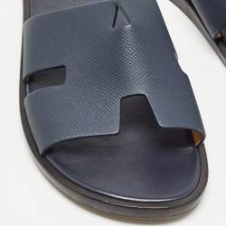 Hermes Navy Blue Leather Izmir Flat Slides Size 40