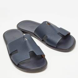 Hermes Navy Blue Leather Izmir Flat Slides Size 40