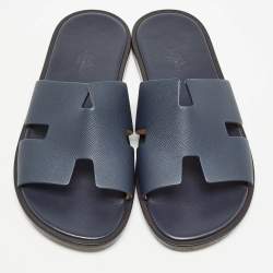 Hermes Navy Blue Leather Izmir Flat Slides Size 40