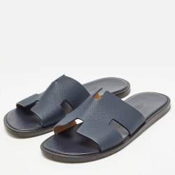 Hermes Navy Blue Leather Izmir Flat Slides Size 40