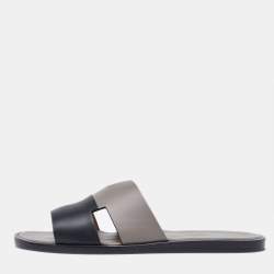 Hermes Grey/Black Leather Izmir Flat Slides Size 41.5