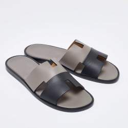 Hermes Grey/Black Leather Izmir Flat Slides Size 41.5