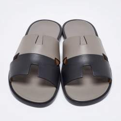 Hermes Grey/Black Leather Izmir Flat Slides Size 41.5