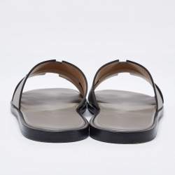 Hermes Grey/Black Leather Izmir Flat Slides Size 41.5