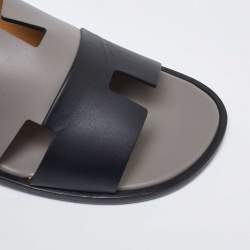 Hermes Grey/Black Leather Izmir Flat Slides Size 41.5