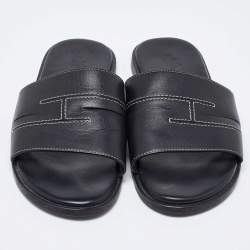 Hermes Black Leather Slides Size 42