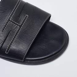 Hermes Black Leather Slides Size 42