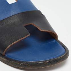 Hermes Blue/Black Leather Izmir Sandals Size 43.5