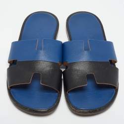 Hermes Blue/Black Leather Izmir Sandals Size 43.5