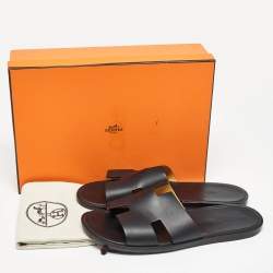 Hermes Black Leather Izmir Slide Sandals Size 45
