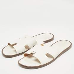 Hermes White Leather Izmir Flat Slides Size 46