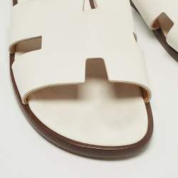 Hermes White Leather Izmir Flat Slides Size 46