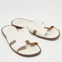 Hermes White Leather Izmir Flat Slides Size 46