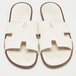 Hermes White Leather Izmir Flat Slides Size 46