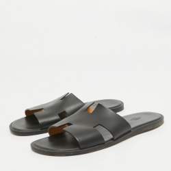 Hermes Black Leather Izmir Flat Slides Size 45