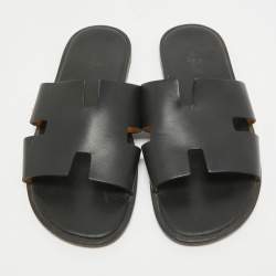 Hermes Black Leather Izmir Flat Slides Size 45