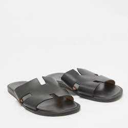 Hermes Black Leather Izmir Flat Slides Size 45