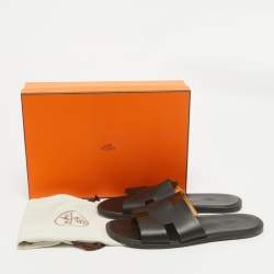 Hermes Black Leather Izmir Flat Slides Size 45