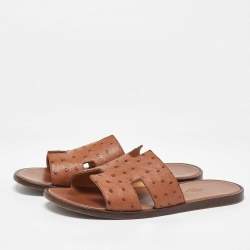 Hermes Brown Ostrich Leather Izmir Slippers Size 42