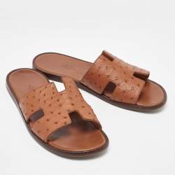 Hermes Brown Ostrich Leather Izmir Slippers Size 42