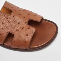 Hermes Brown Ostrich Leather Izmir Slippers Size 42