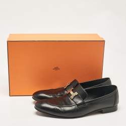 Pre Owned Hermes Black Leather Paris Slip On Loafers Size 44