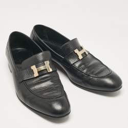 Pre Owned Hermes Black Leather Paris Slip On Loafers Size 44
