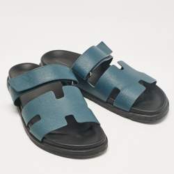 Hermes Blue Leather Chypre Sandals Size 44