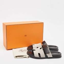 Hermes White/Black Canvas and Leather Chypre Sandals Size 42.5