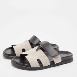 Hermes White/Black Canvas and Leather Chypre Sandals Size 42.5