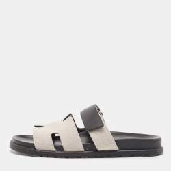 Hermes White/Black Canvas and Leather Chypre Sandals Size 42.5
