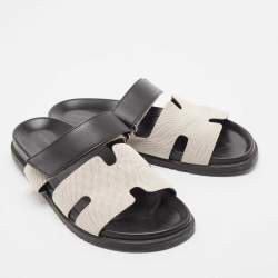 Hermes White/Black Canvas and Leather Chypre Sandals Size 42.5