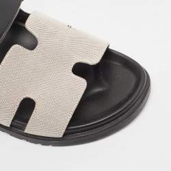 Hermes White/Black Canvas and Leather Chypre Sandals Size 42.5