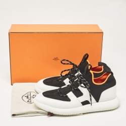 Pre Owned Hermes Black/White Knit Fabric and Leather Duel Sneakers Size 43