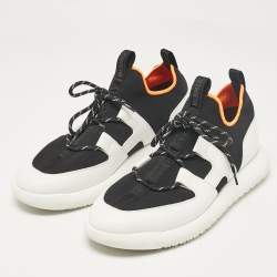 Pre Owned Hermes Black/White Knit Fabric and Leather Duel Sneakers Size 43