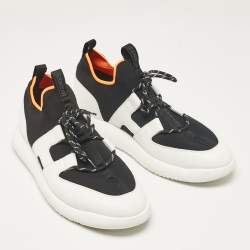 Pre Owned Hermes Black/White Knit Fabric and Leather Duel Sneakers Size 43