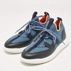 Hermes Blue/Black Knit Fabric and Leather Duel Sneakers Size 43