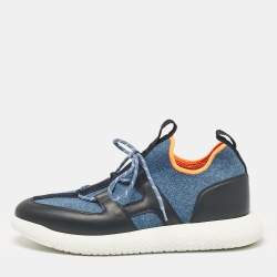 Hermes Blue/Black Knit Fabric and Leather Duel Sneakers Size 43