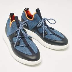 Hermes Blue/Black Knit Fabric and Leather Duel Sneakers Size 43