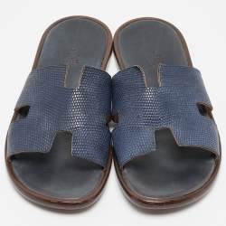 Hermes Navy Blue Lizard Leather Izmir Flat Slides Size 41